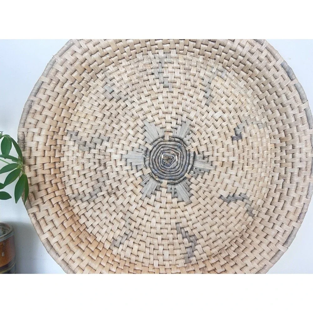Vintage Large Rustic Primitive Woven Tray Basket Large Tan & Grey 16.5” Israel